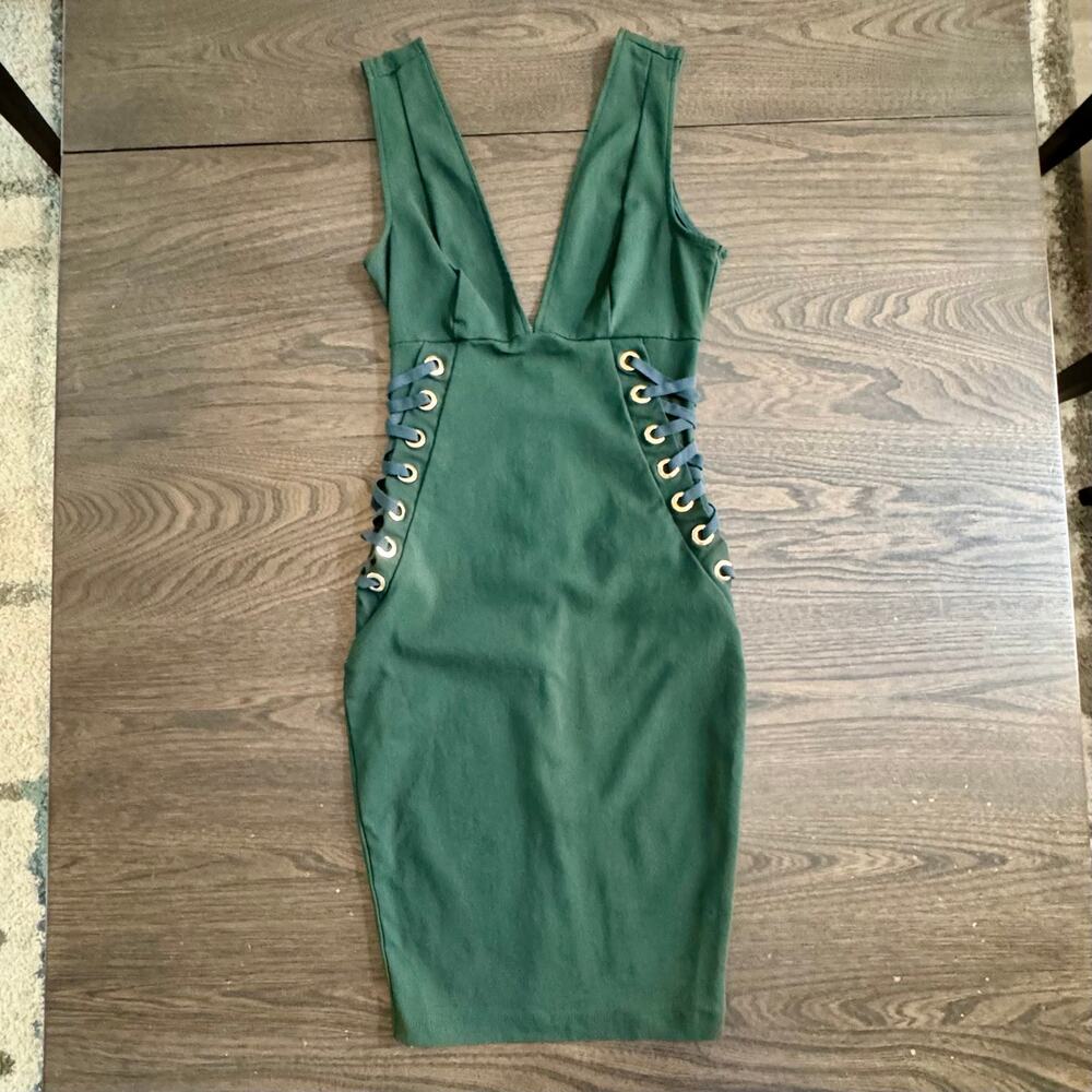 IRIS Green Bodycon Mini Dress S Side Lace Up Corset Deep V Neck Y2K